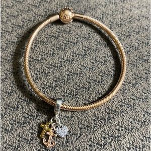 Pandora Rose Gold Plated Bracelet & Triple-tone Cross, Heart, & Anchor Dangle…